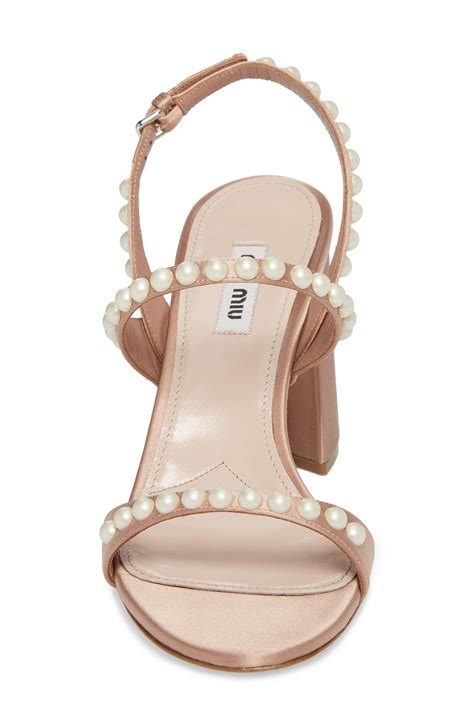 miu miu pearl sandals replica|Miu Miu Faux Pearl Accents Patent Leather Slingback Sandals.